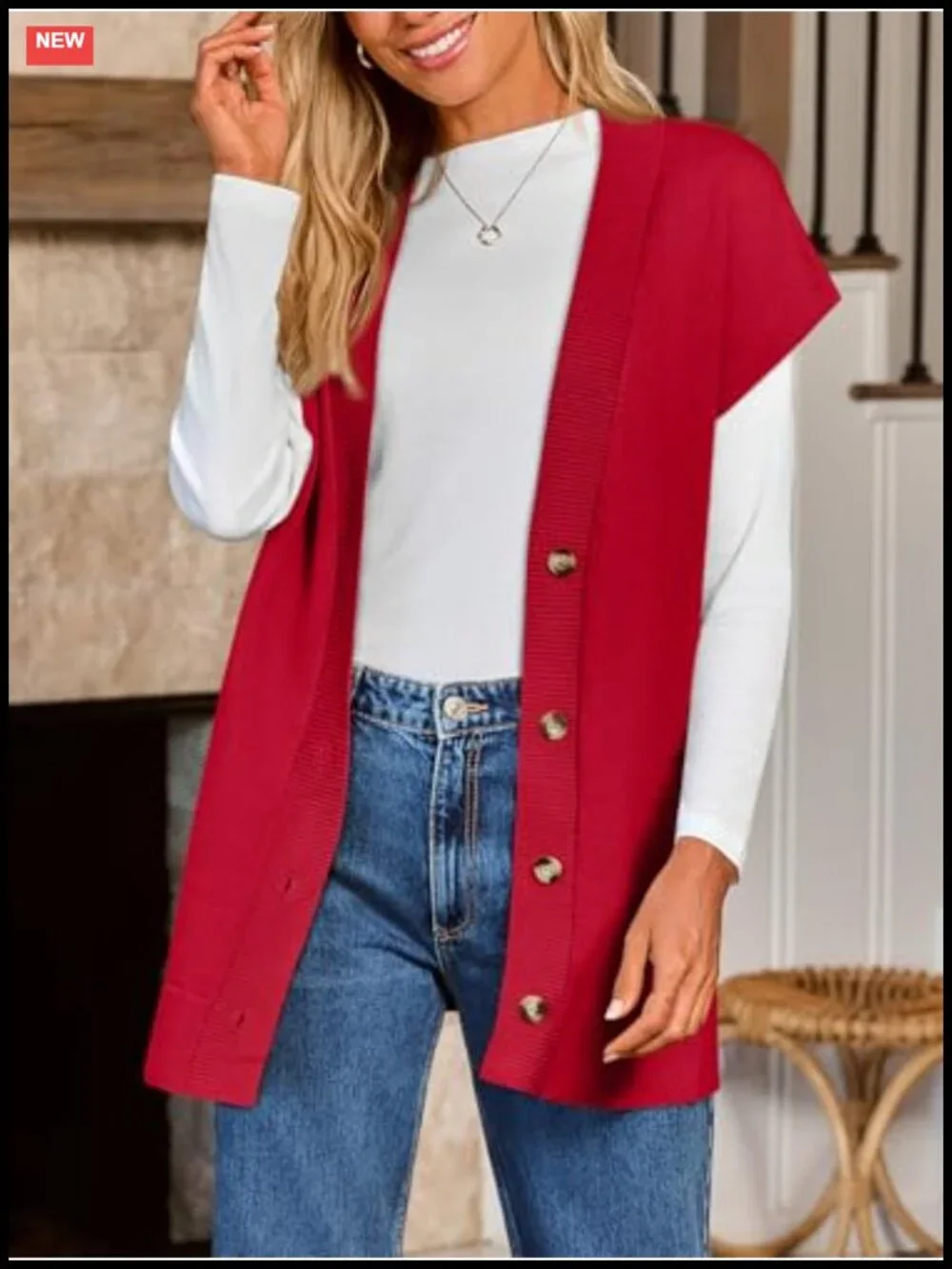 Oversized V-Neck Button-Up Sweater Vest Long Sleeveless Knit Cardigan
